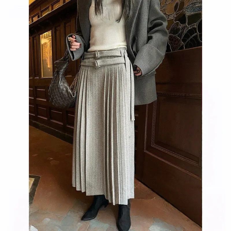 区区欧阳【allgrey铁塔日落】人字纹复古西装绑带直筒百褶长裙女