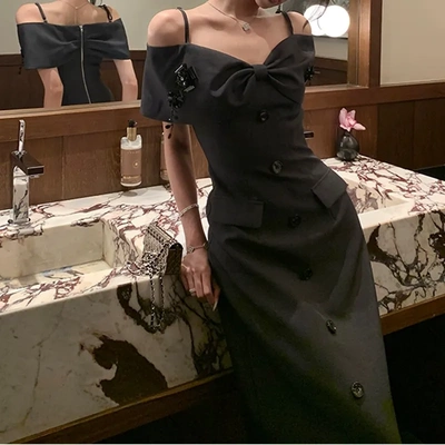 千金miu系吊带连衣裙夏季一字肩高知穿搭西装掐腰长裙高腰