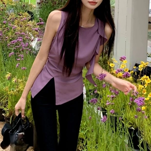 新款 上衣 25小个子韩系气质斜边开叉显瘦背心夏季 女不规则圆领无袖