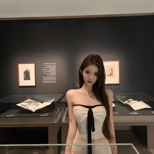 JMSHOP 晚风圆舞曲 亚麻针织一字领抹胸连衣裙女夏季收腰显瘦长裙