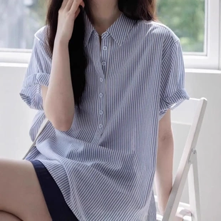 盐系气质蓝白条纹卷边短袖 衬衫 小众2025女夏半开襟宽松休闲polo衫