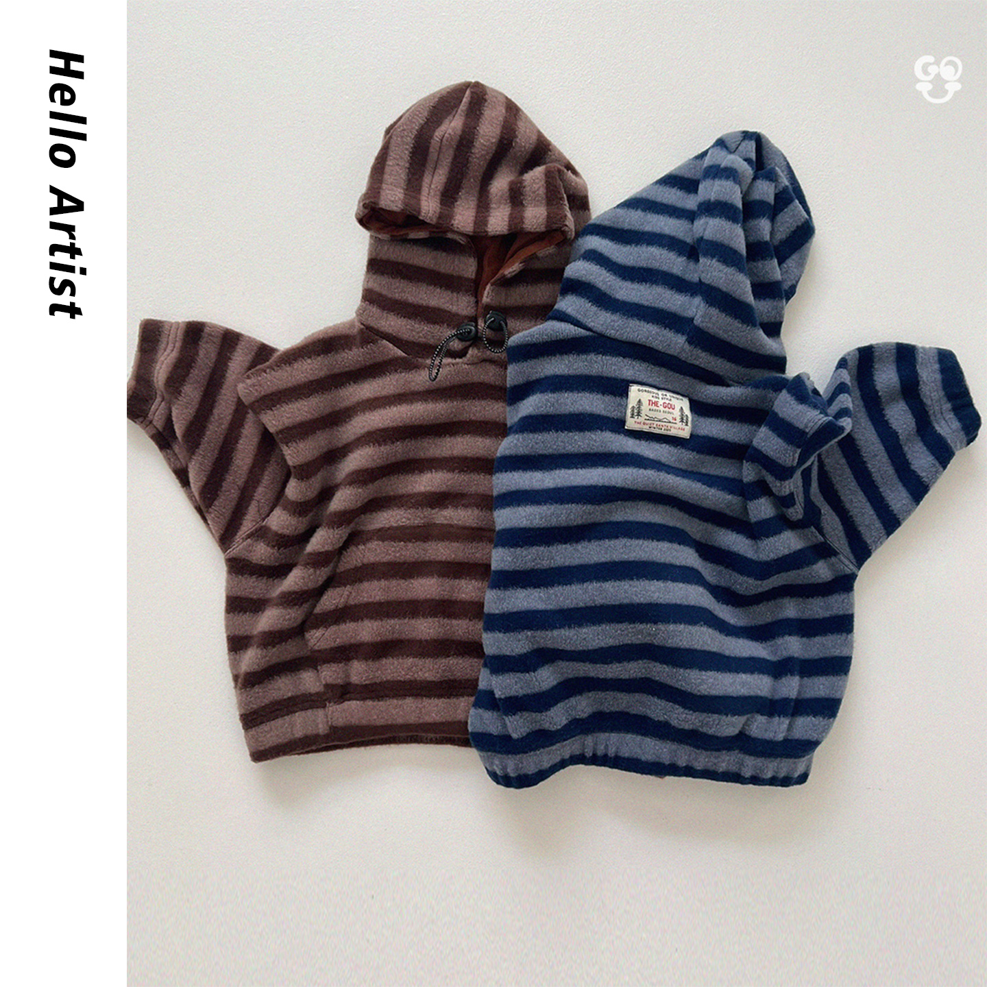 叮当森林韩国童装代购|25冬Gou休闲百搭条纹连帽摇粒绒卫衣大童