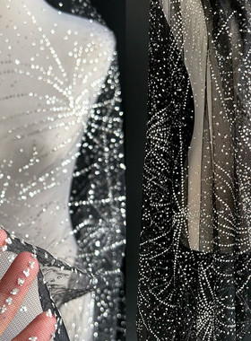 杏色香槟金色藏蓝黑色烟花条纹烫金亮片布料洒金烫钻网礼服布料