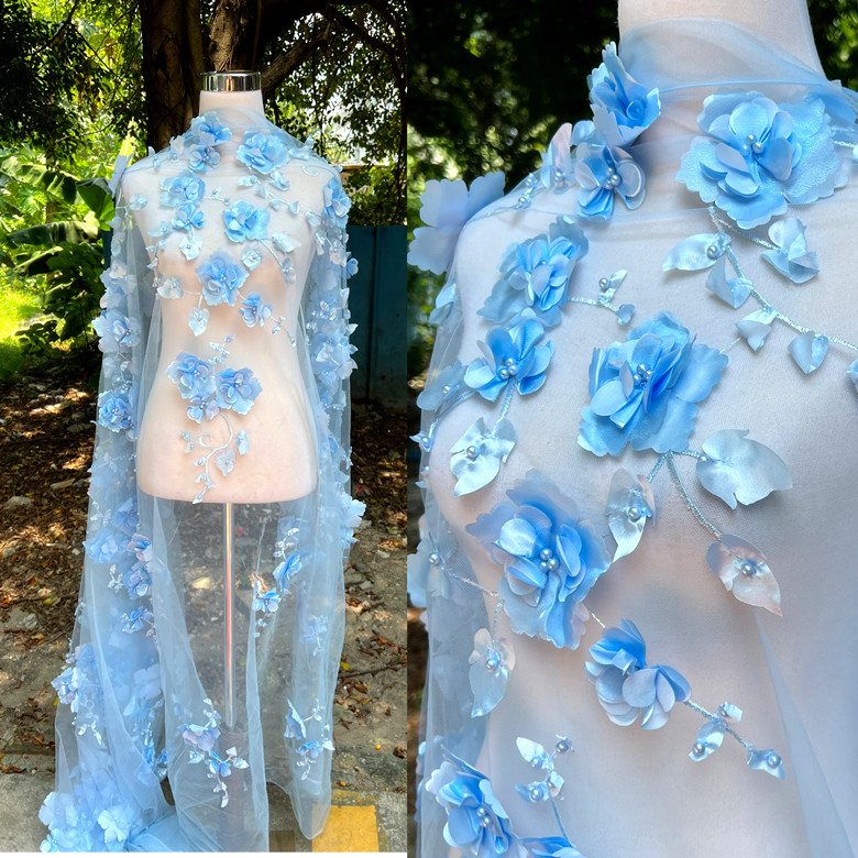 新款彩色3D立体网纱大花朵粉色刺绣蕾丝面料服装连衣裙童装布料