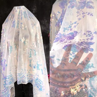 牡丹花朵蕾丝浅紫粉墨绿色亮片布料表演服礼服汉服亮片绣花面料