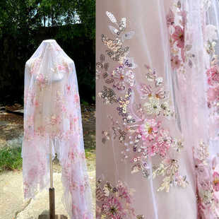 原高定重工粉色系钉珠亮片立体刺绣软网纱蕾丝面料布料礼服面料