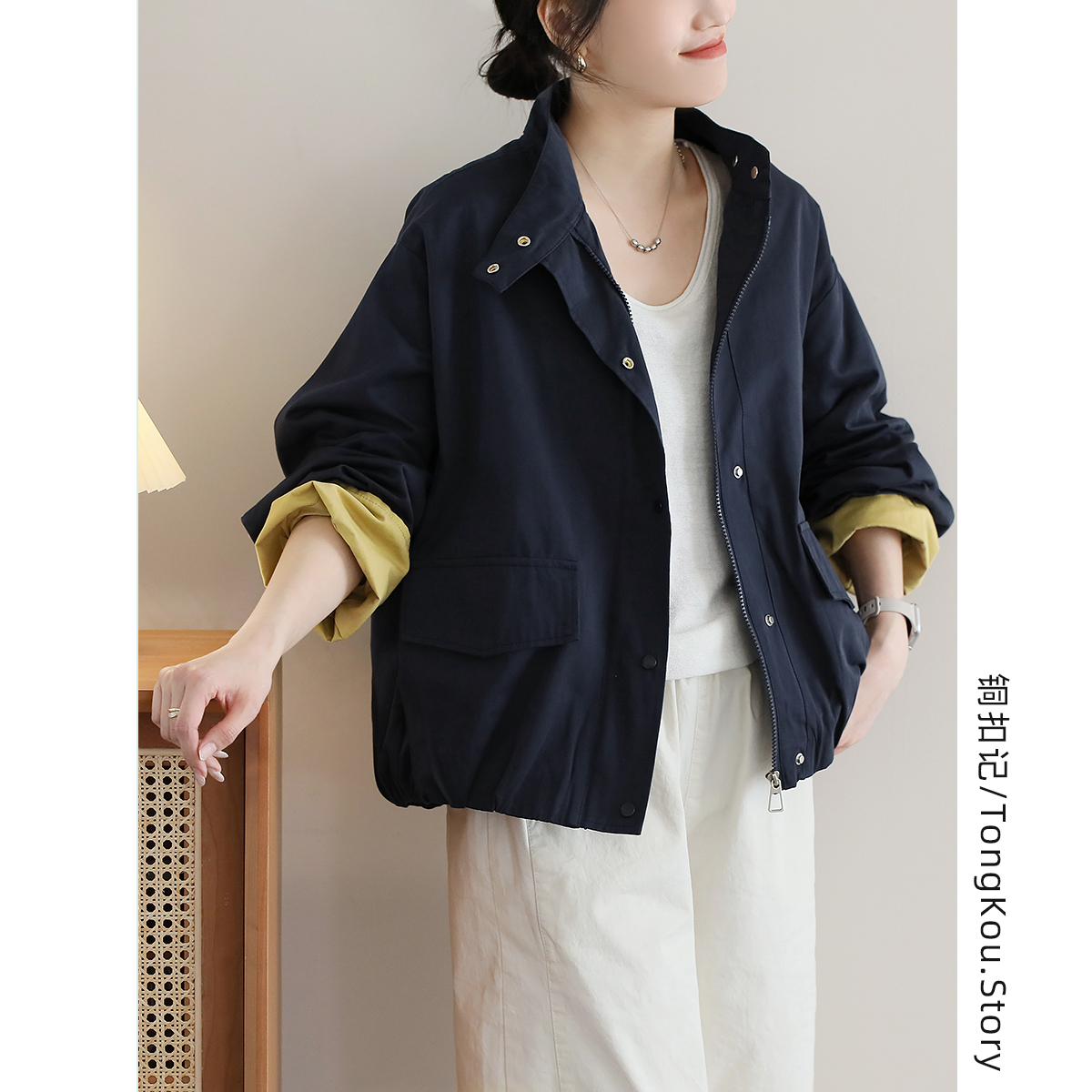 铜扣记纯棉外套女圆领休闲百搭宽松显瘦韩版春季新款长袖风衣女