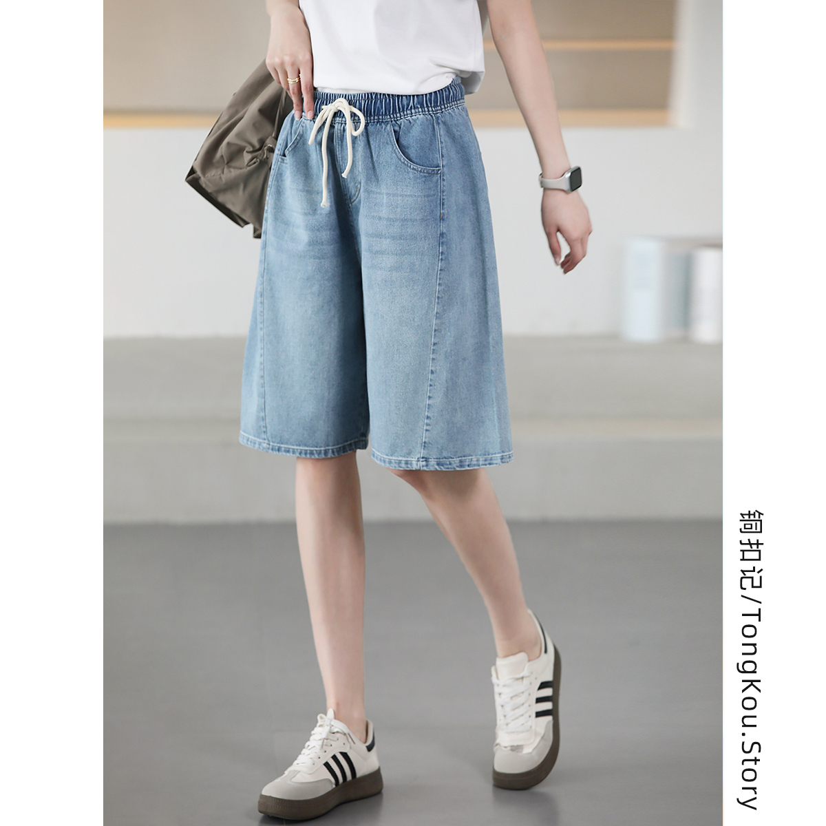 铜扣记牛仔短裤女松紧腰休闲百搭宽松显瘦韩版夏季薄款a字五分裤