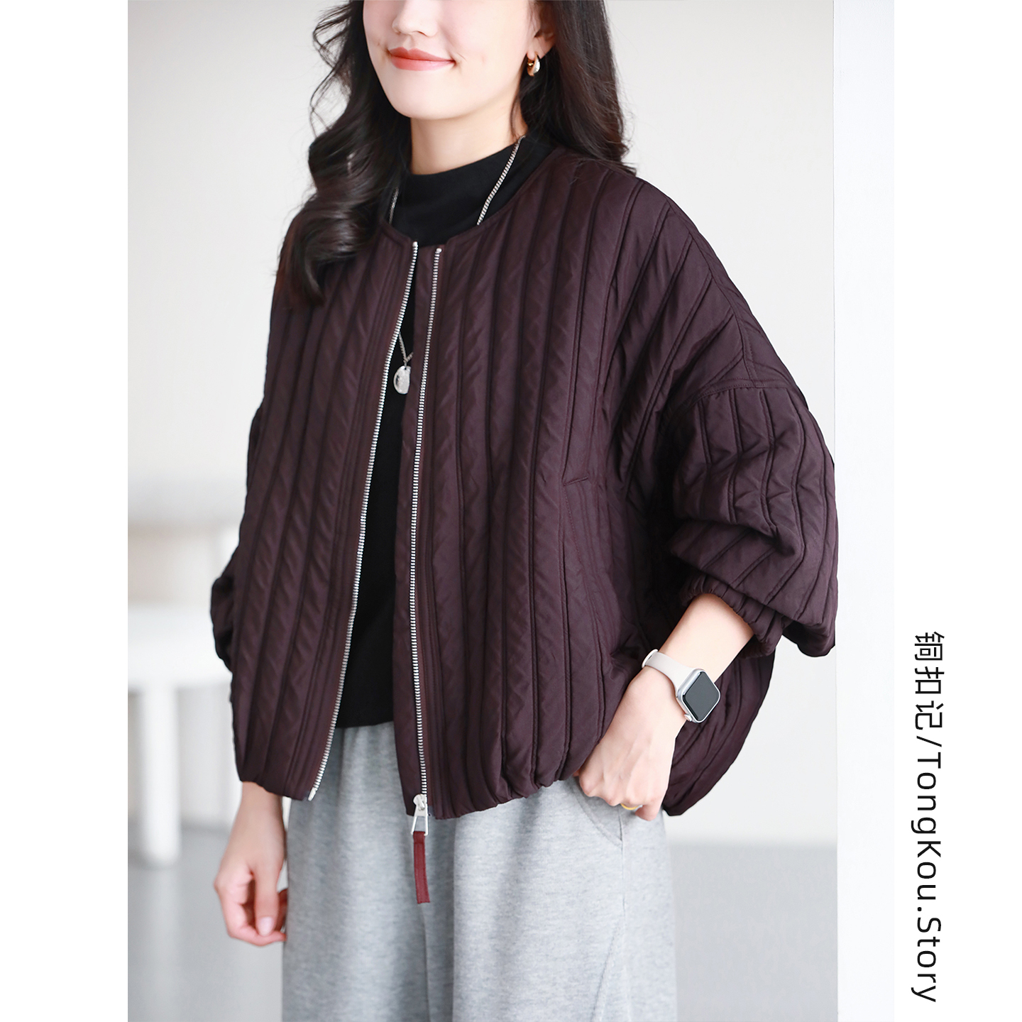 铜扣记坑条夹棉外套女文艺气质