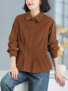 铜扣记灯芯绒衬衫 复古收腰气质衬衣女 女翻领休闲百搭宽松显瘦春季