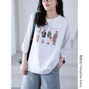 铜扣记纯棉T恤女圆领印花休闲百搭宽松显瘦韩版春季新款长袖上衣