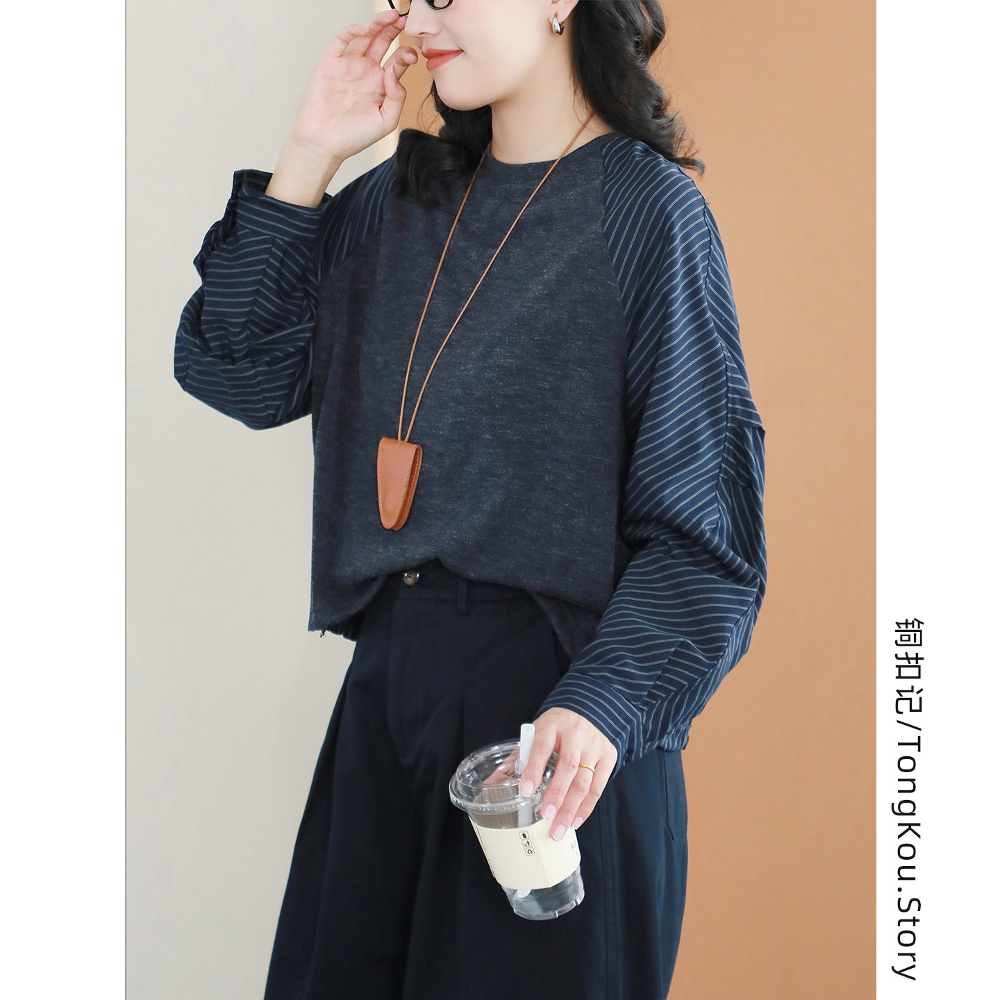铜扣记条纹拼接T恤女圆领休闲百搭宽松显瘦秋季新款韩版衬衫上衣