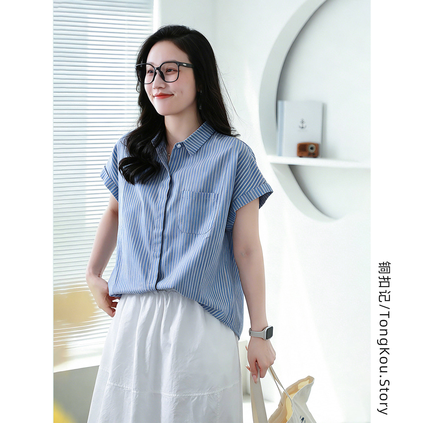 铜扣记纯棉条纹短袖衬衫女翻领休闲百搭宽松显瘦夏季薄款飞袖T恤