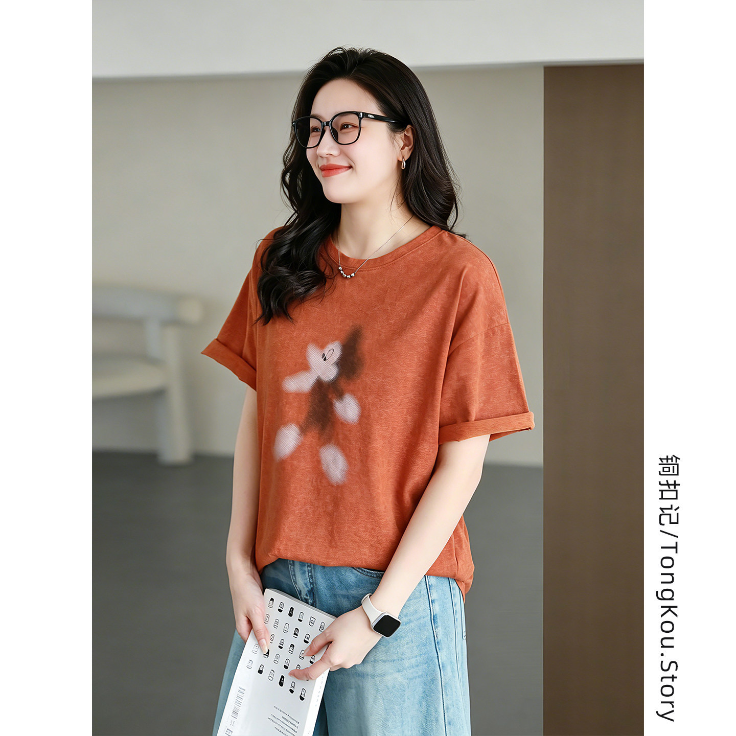 铜扣记水洗棉短袖女圆领印花休闲百搭宽松显瘦韩版夏季新款T恤女
