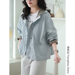 长袖 韩版 风衣女 新款 铜扣记纯棉外套女连帽休闲百搭宽松显瘦春季