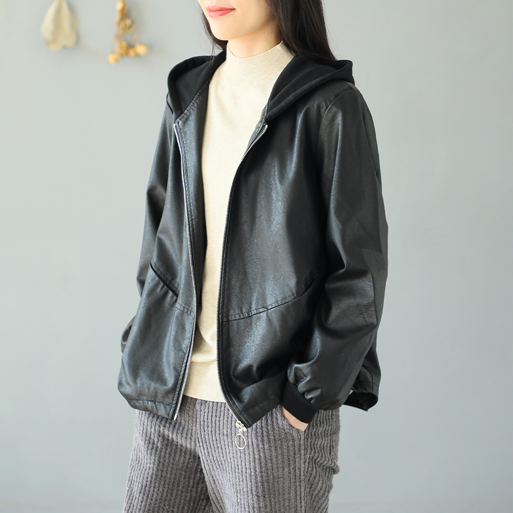 铜扣记秋冬季新款连帽黑色皮衣