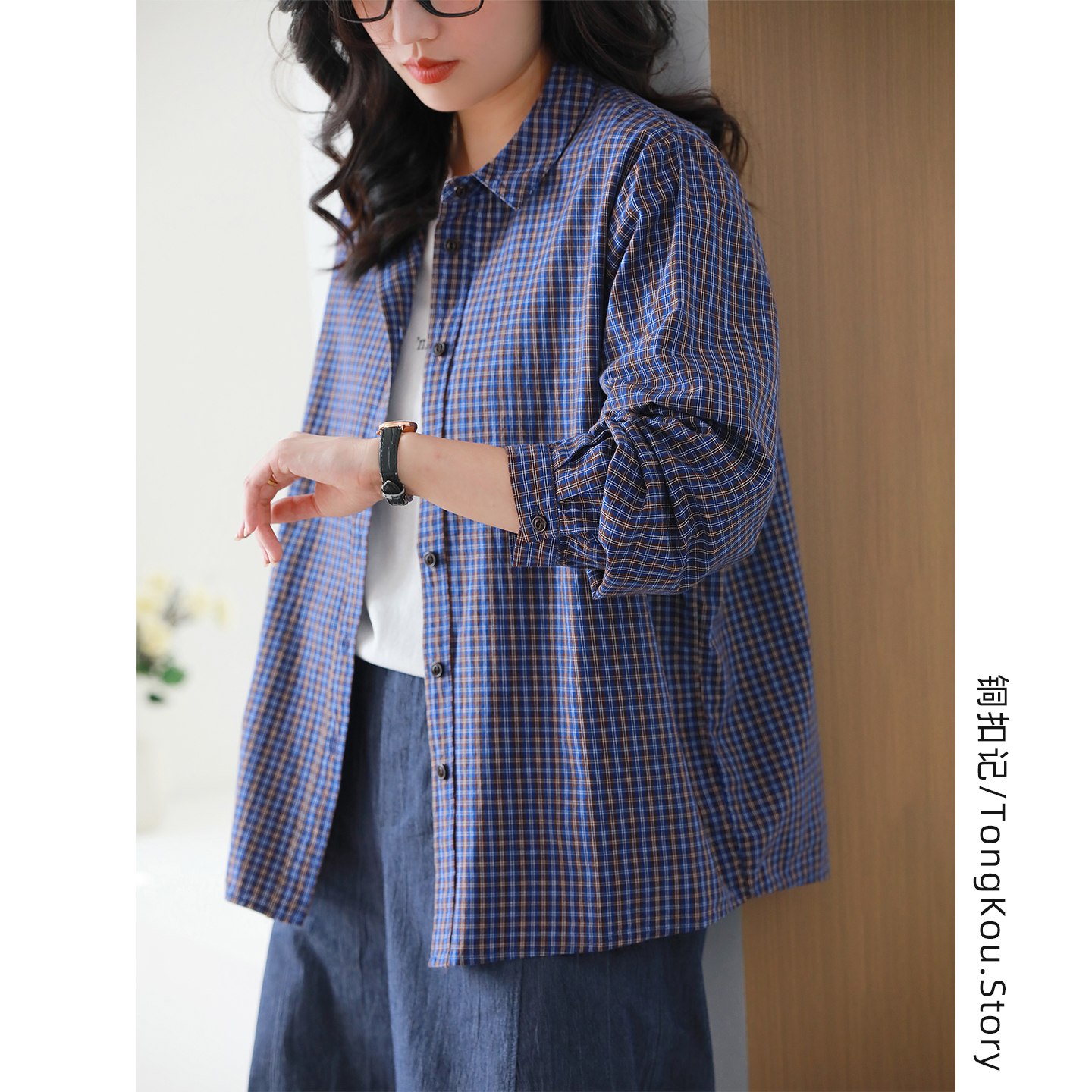 铜扣记纯棉格子衬衫女翻领休闲百搭宽松显瘦秋季新款韩版衬衣外套