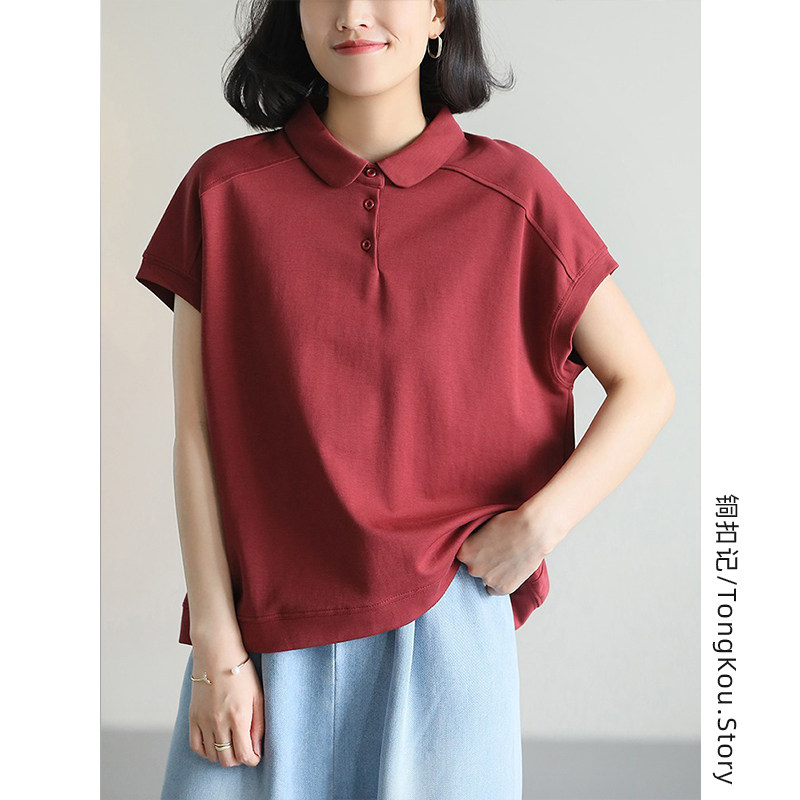 铜扣记短袖T恤女翻领休闲百搭宽松显瘦夏季薄款韩版纯色polo衫女