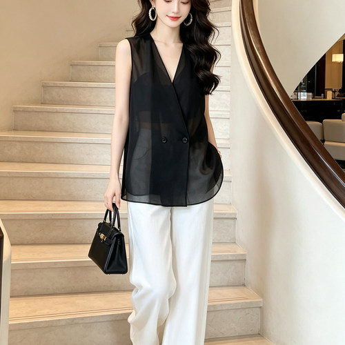 法式V领天丝无袖马甲夏季薄款