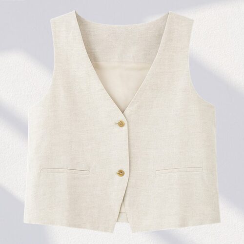 新款亚麻大码无袖马甲外套女短款