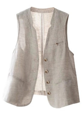 7697-2亚麻轻薄休闲V领马甲女2025夏季薄款棉麻洋气时尚马夹刺绣