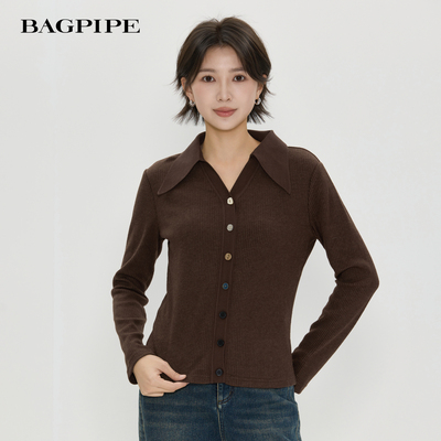 风笛2025冬季新款polo领显瘦针织开衫修身内搭打底毛衣翻领上衣