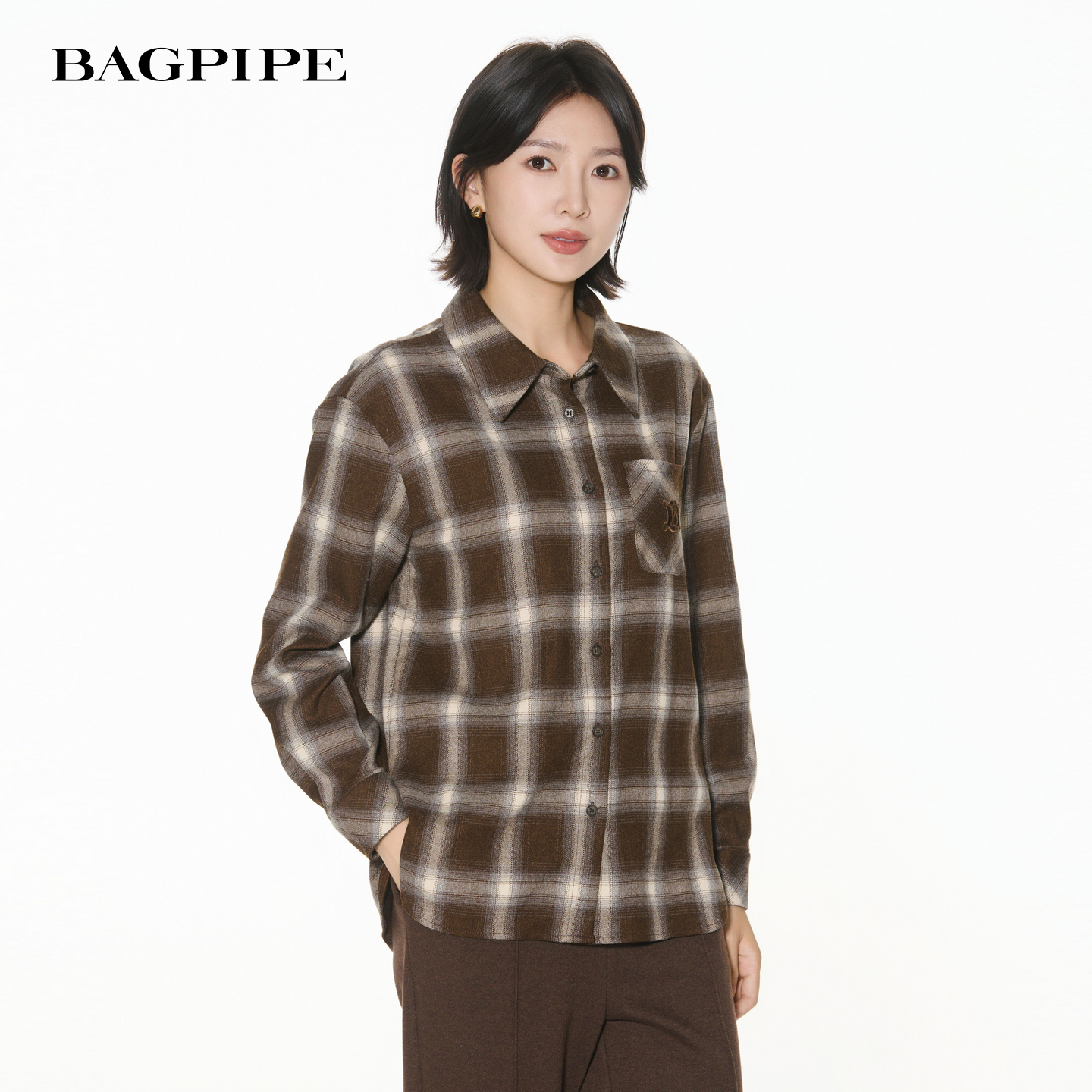 风笛2025冬季新款女装复古风撞色格纹长袖开襟衬衫慵懒长袖上衣