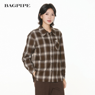 风笛2025冬季新款女装复古风撞色格纹长袖开襟衬衫慵懒长袖上衣