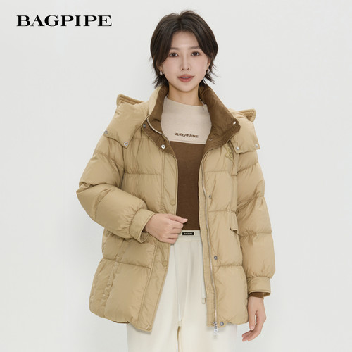 风笛2025冬季新款时尚休闲鹅绒服连帽防风袖宽松保暖羽绒服外套女