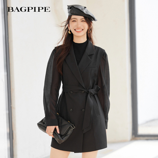 风笛2026春季新款女显瘦设计感西装式风衣外套干练透明泡泡袖上衣
