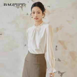 风笛2026春季新款宫廷风雪纺衫纯色气质立体花苞领长袖上衣女