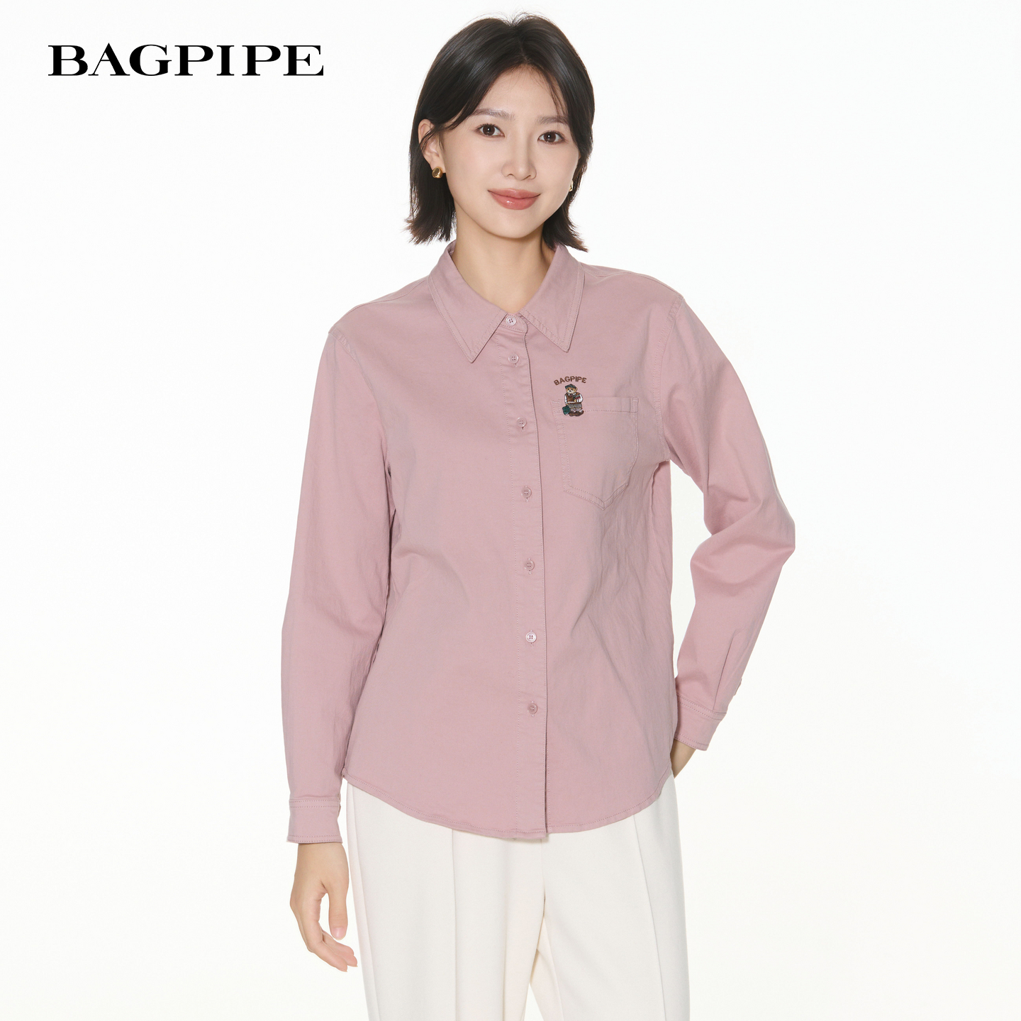 风笛2025冬季新款棉质翻领长袖衬衫叠穿亮色系衬衫通勤单排扣衬衫