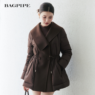 风笛2025冬季新款时尚大翻领设计感中长款收腰显瘦羽绒服外套女