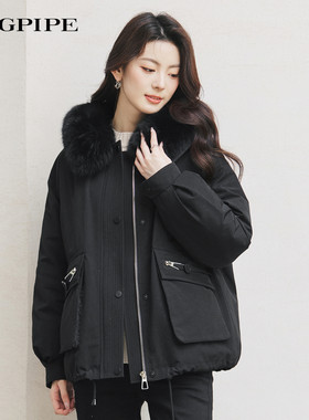 风笛2025冬季新款复古工装90鹅绒羽绒服短款狐狸毛领保暖外套女