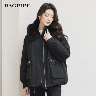 风笛2025冬季新款复古工装90鹅绒羽绒服短款狐狸毛领保暖外套女