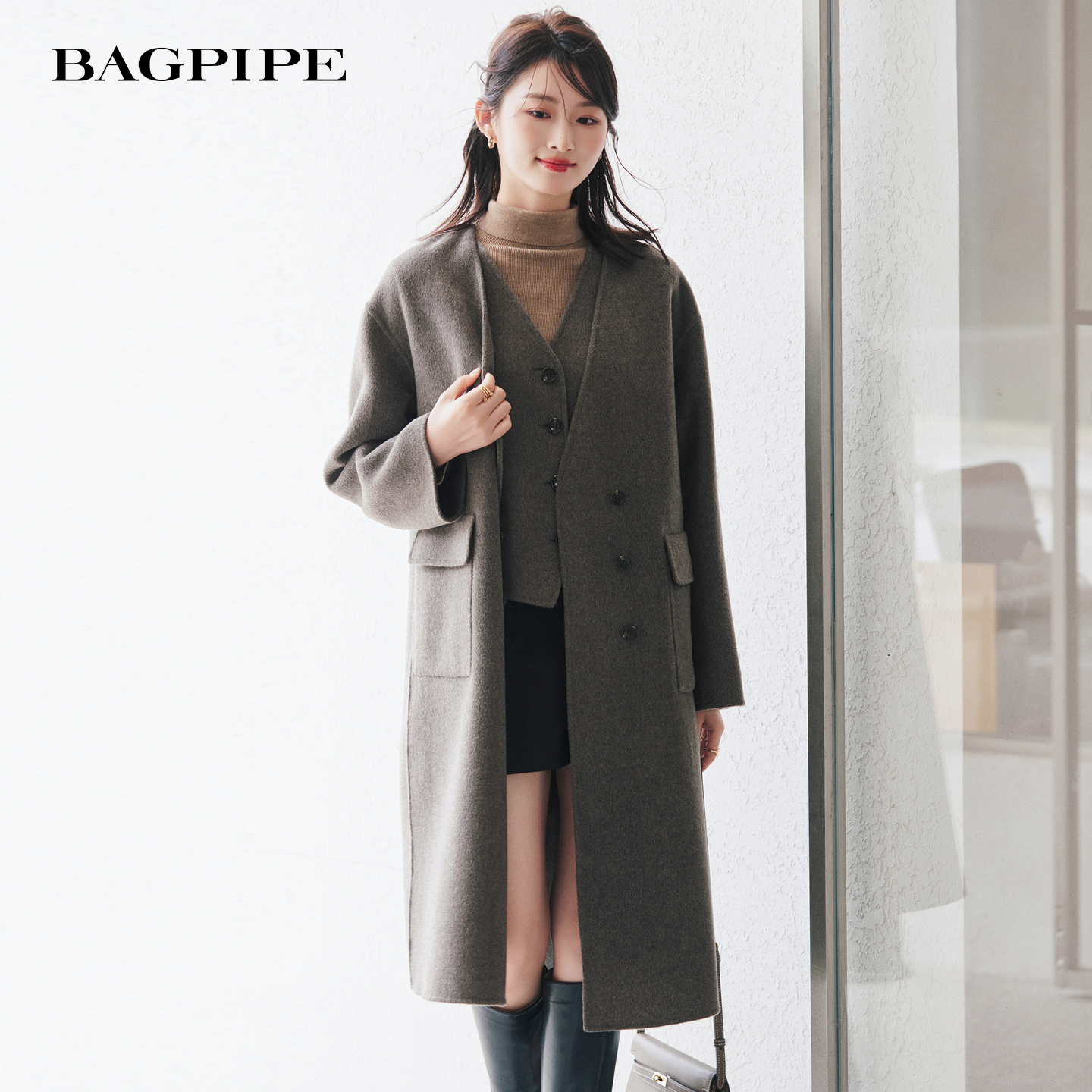 风笛2025冬季新款时尚设计感双面驼绒经典双排扣长短大衣