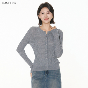 风笛2025秋季新款薄款经典百搭圆领100绵羊毛针织开衫休闲外套