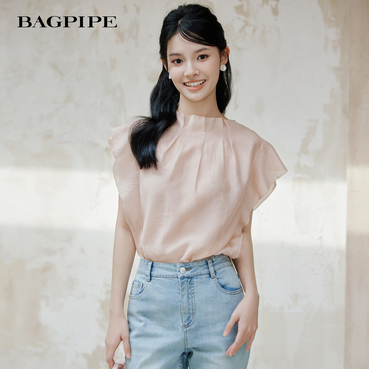 风笛2026夏季天丝小飞袖衬衫女轻薄压褶荷叶边上衣气质法式小衫