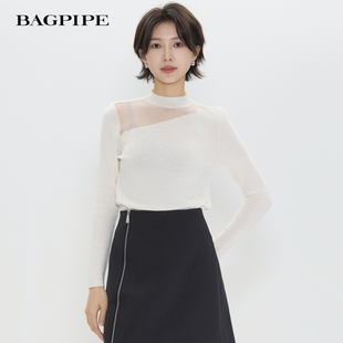 风笛2026春季新款简约通勤设计感针织衫修身套头长袖上衣女