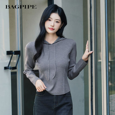 风笛2025冬季新款百搭休闲连帽抽绳修身短款针织衫显瘦上衣女