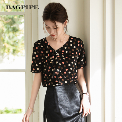 风笛2025夏季新款设计感套头薄款雪纺衫波点短款上衣女
