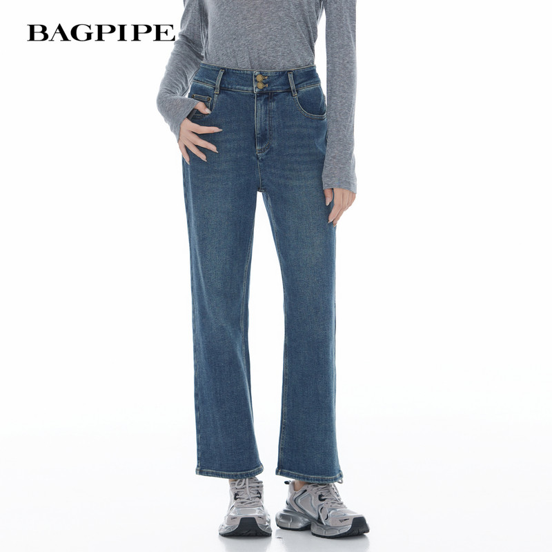 风笛2025冬季新款阔腿牛仔裤女高腰宽松复古百搭显瘦直筒长裤子