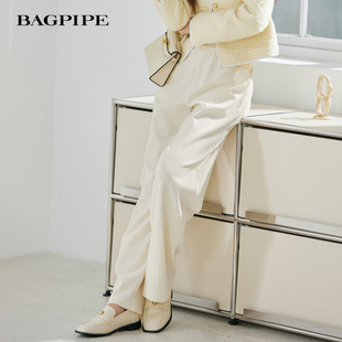 风笛2025春季新款卫裤高腰垂感休闲运动米白色直筒阔腿长裤女