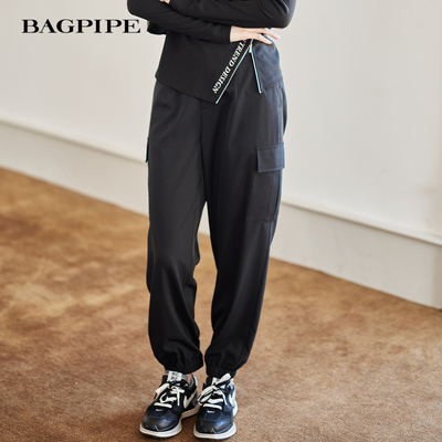 风笛2025秋季新款工装裤女高腰宽松阔腿裤小个子束脚黑色运动裤