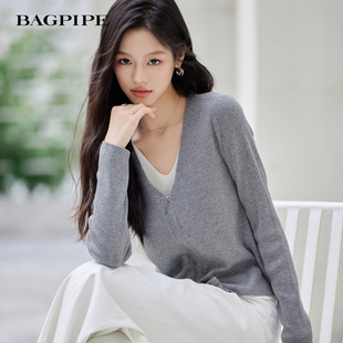风笛2026春季新款假两件套头针织衫女气质百搭简约通勤羊毛衫