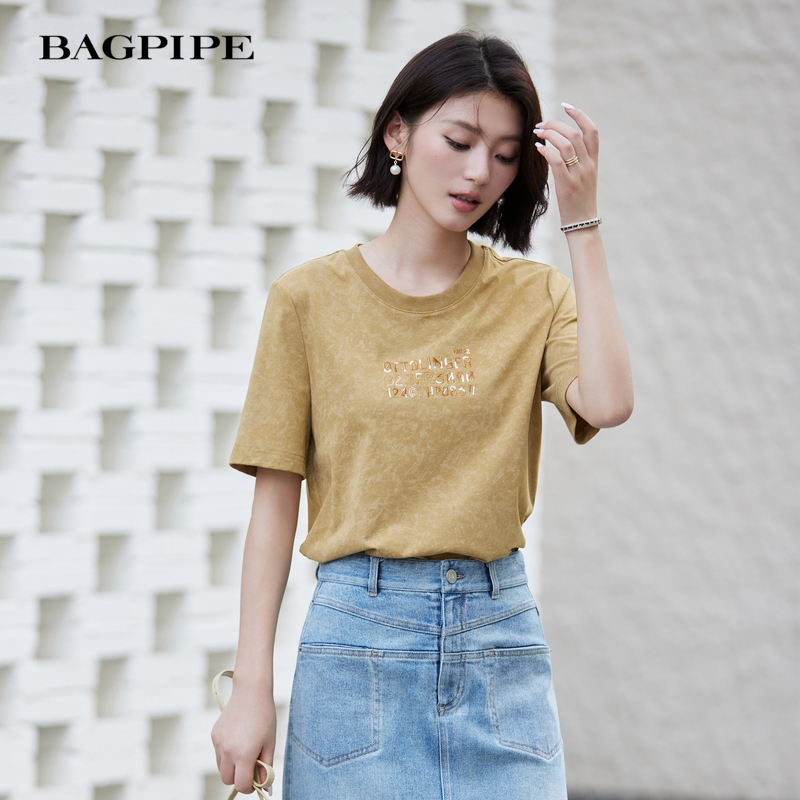 风笛2025夏季新款复古圆领T恤通勤百搭显瘦设计感短袖上衣女夏