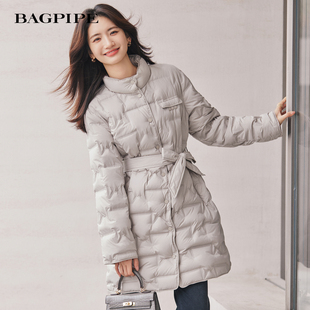 风笛2025冬季新款立领单排扣系带收腰中长款90鹅绒羽绒服外套女