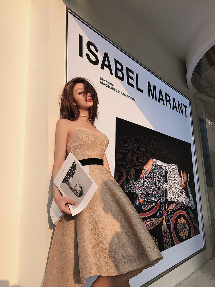 【小q家】香槟色抹胸伴娘服显瘦礼服裙晚宴年会绑带主持人蓬蓬裙