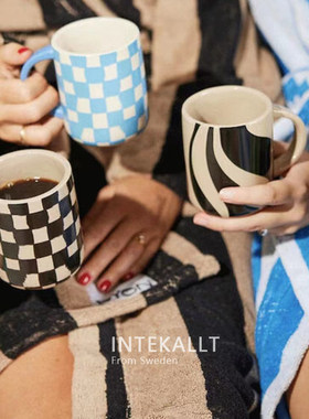 瑞典Byon棋盘格马克杯斑马纹ins风咖啡水杯家用陶瓷杯时尚感杯子