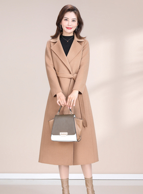 2025秋冬新款双面呢羊绒羊毛大衣女中长款西装领修身妈妈装15769